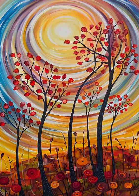 Abstract painting of trees with red leaves sun | Canvas