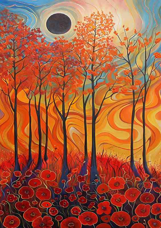Abstract red poppy flowers sun and trees | Di-Bond