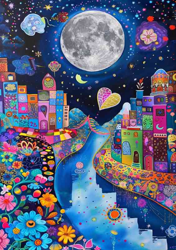 Abstract river flowing with full moon | Canvas