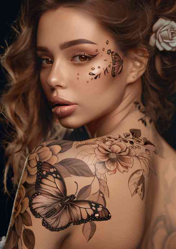 Beautiful girl with butterfly and flower tattoo | Canvas