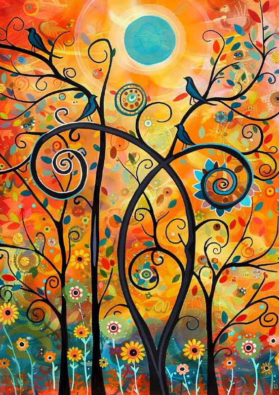 Birds flowers and swirls with the sun | Poster