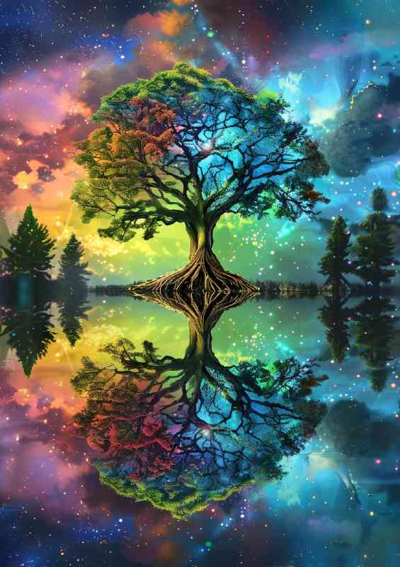 Colourful tree of life with a full reflection | Poster