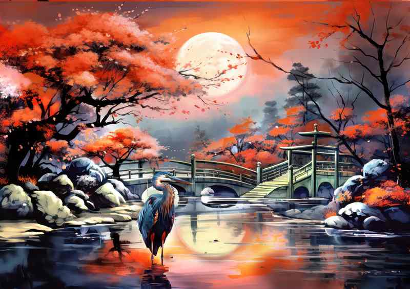 Jaopan bridge with a crane and cherry blosson | Poster