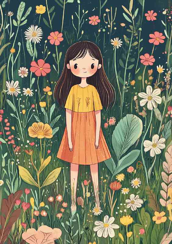 Cute girl among the folwers | Metal Poster