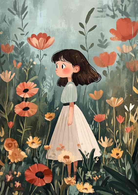 Flower garden with a girl standing | Canvas