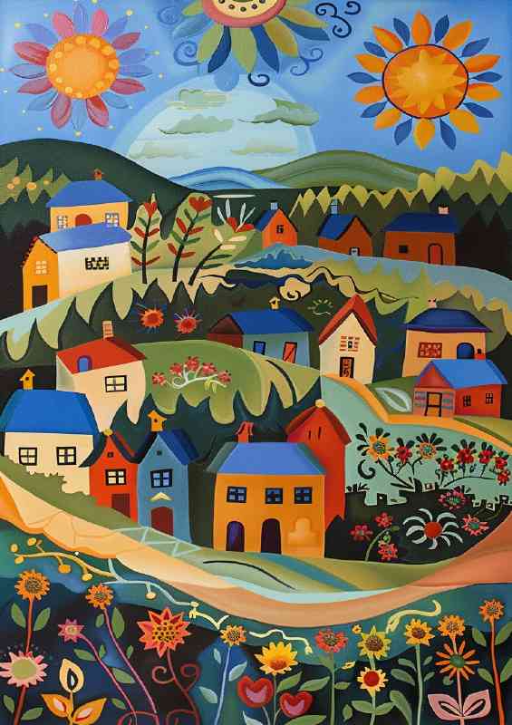 Idilic town with 3 colourful suns | Metal Poster