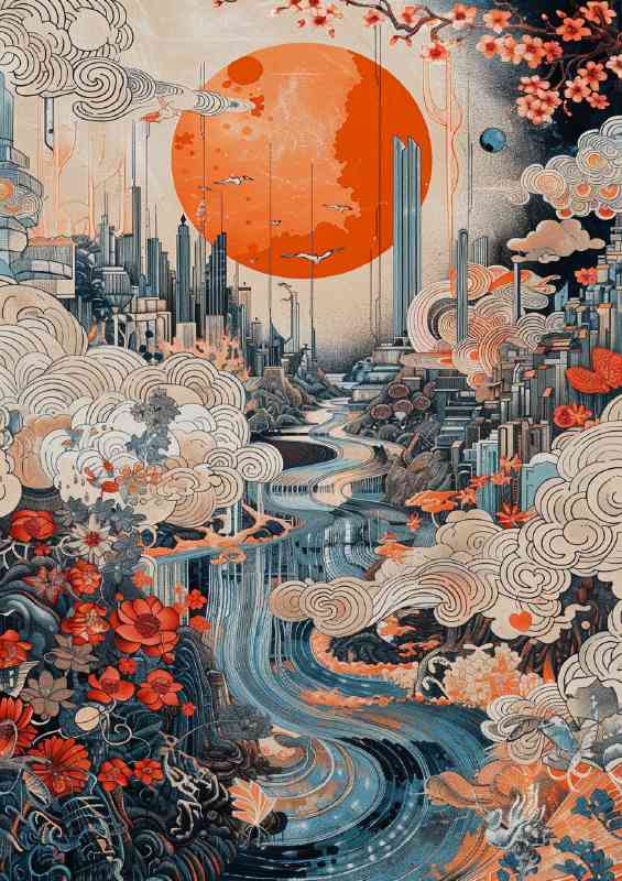 Landscape with an orange sun and moon a city | Poster