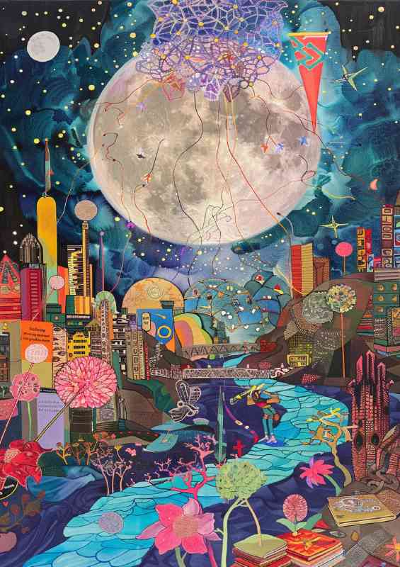 Moon rising through the wimsical village | Canvas