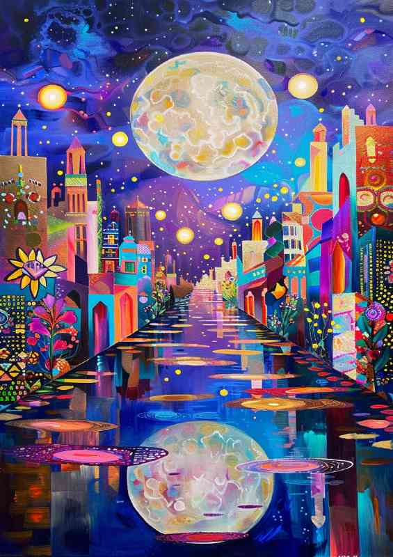 Moon rising through village river | Di-Bond
