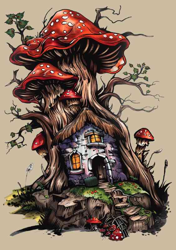 Mushroom house with the red roofs | Metal Poster