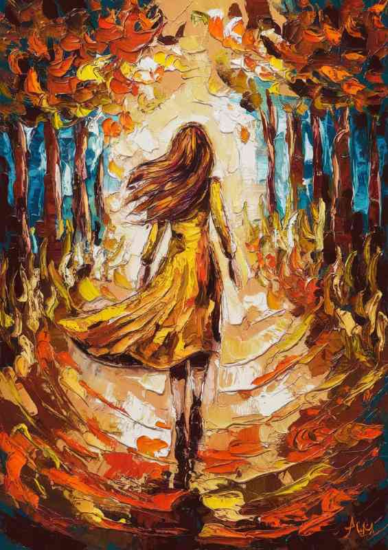 Pallet knife painting woman in autumn woodland | Canvas