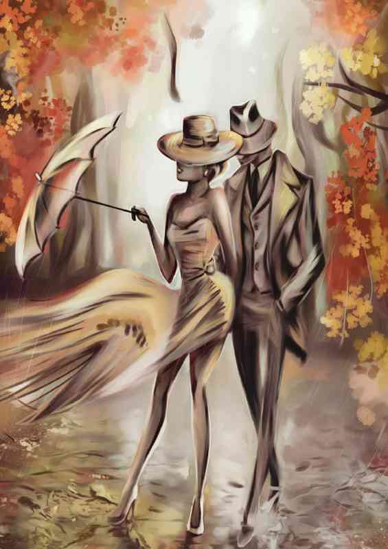 Romantic couple in the blustry wind in autumn | Di-Bond