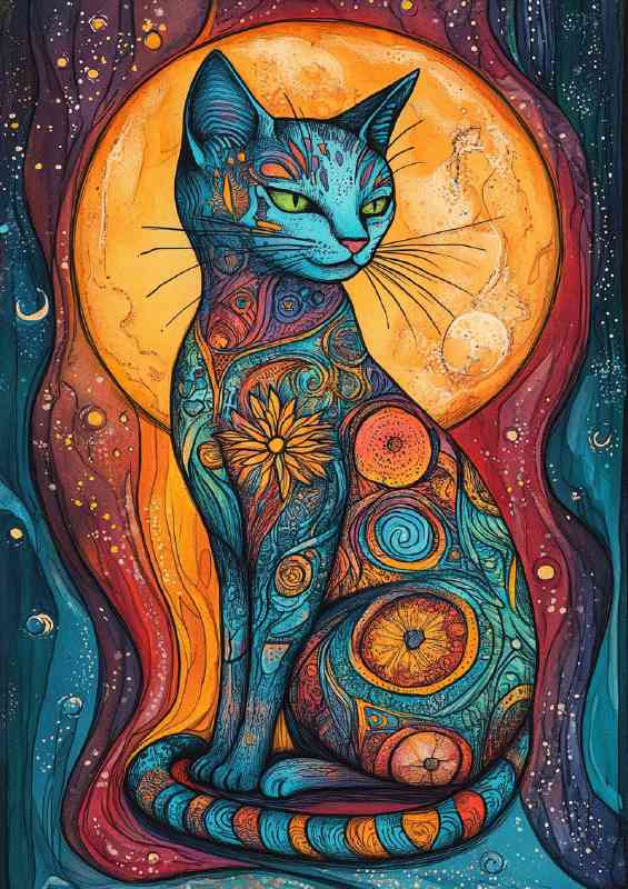 Abstract cat with yellow moon | Metal Poster