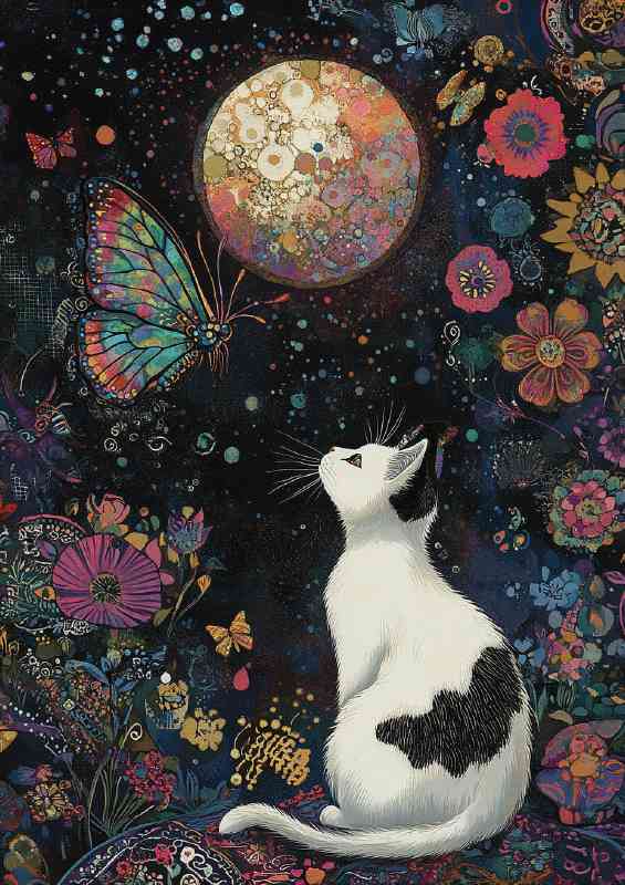 Black and white cat with full detais od moon and butterfly | Poster