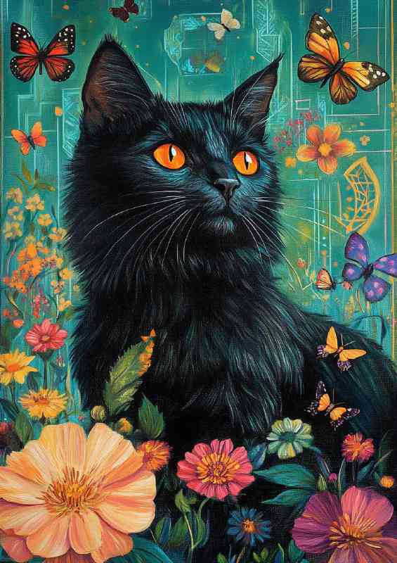 Black car orange eyes surrounded by many flowers | Canvas