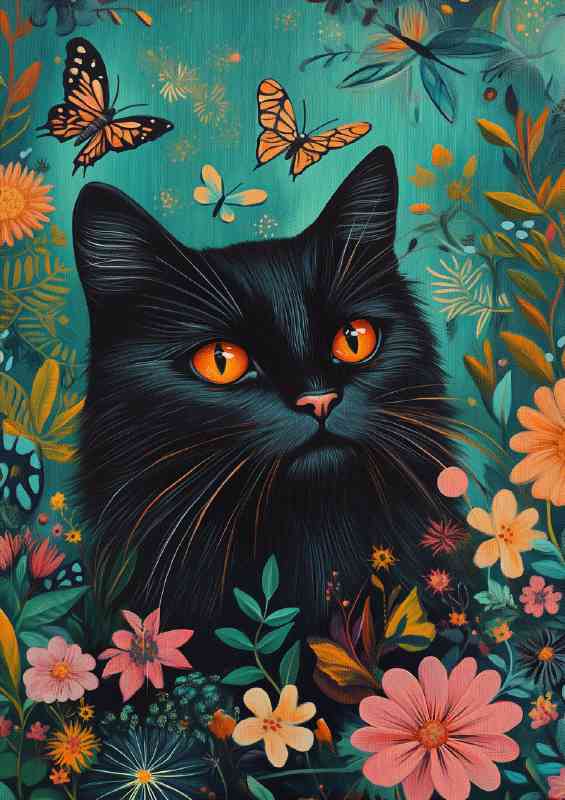 Black cat head buttierflies and flowers | Poster