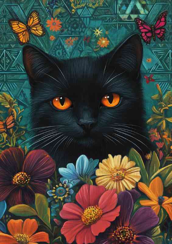 Black cat orange eyes flowers butterflies | Di-Bond
