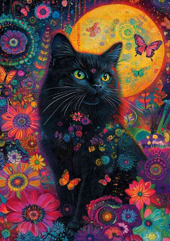 Black cat orange moon and flowers | Canvas