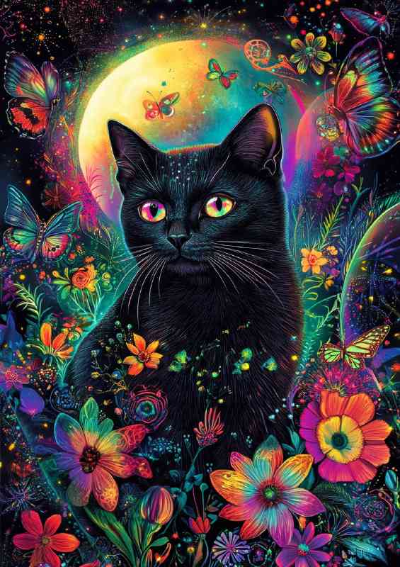 Black cat surrounded by flowers and butterfly | Canvas