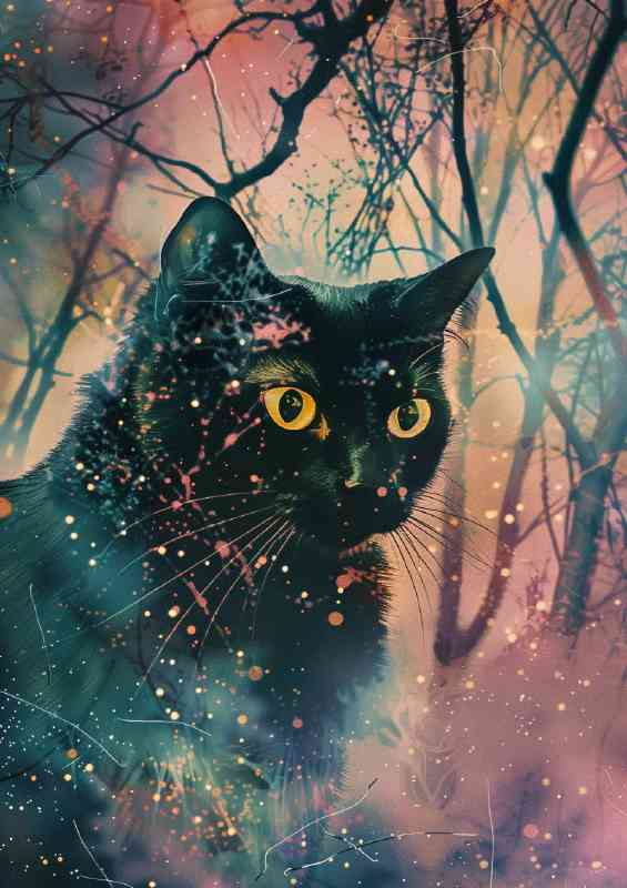 Black cat with glowing yellow eyes in woods | Di-Bond
