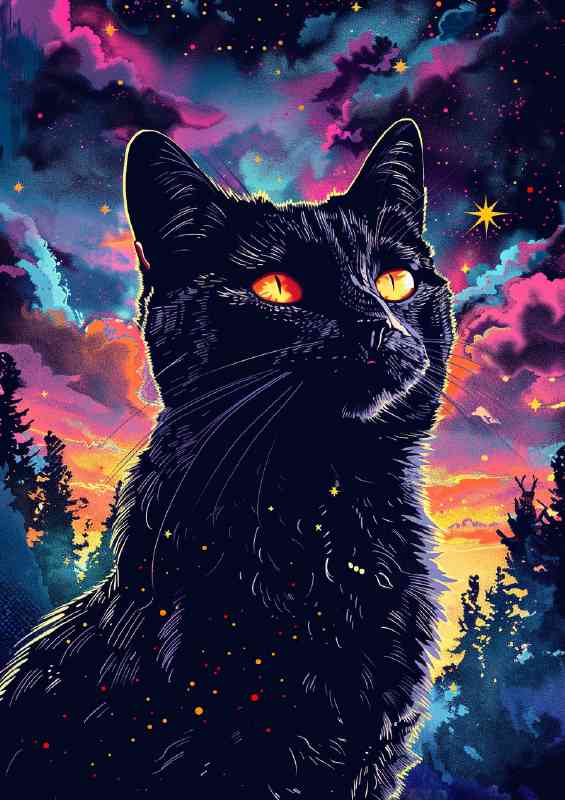Black cat yellow eyes night sky | Di-Bond