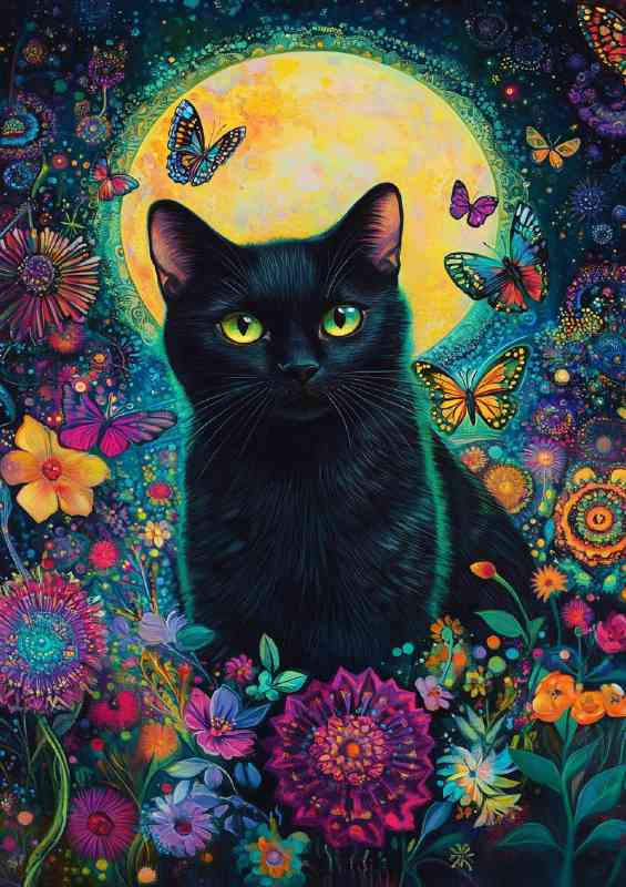 Black cat yellow moon flowers | Poster