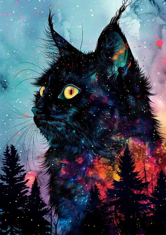 Black furry cat in woodlands | Di-Bond