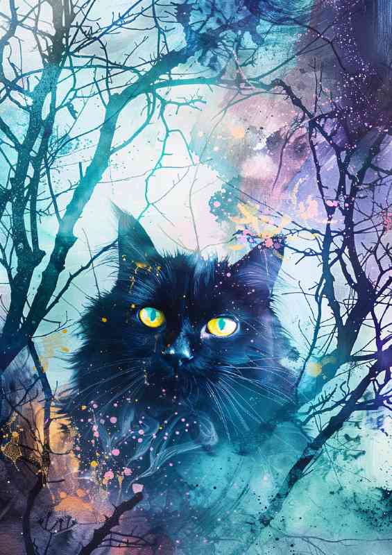 Black furry cat in woods | Metal Poster