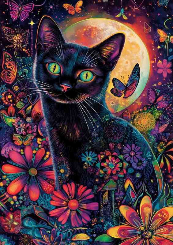 Bright eyes black cat flowers | Metal Poster