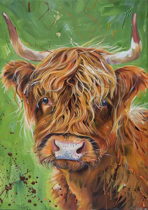 Brown heffa cow in a green field painted style | Poster