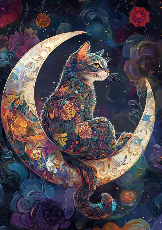 Cat sat on the moon intricate patterns | Canvas