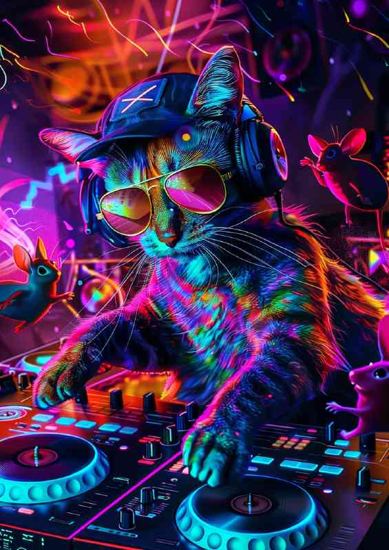 Colorful Cat wearing sunglasses and cap | Metal Poster