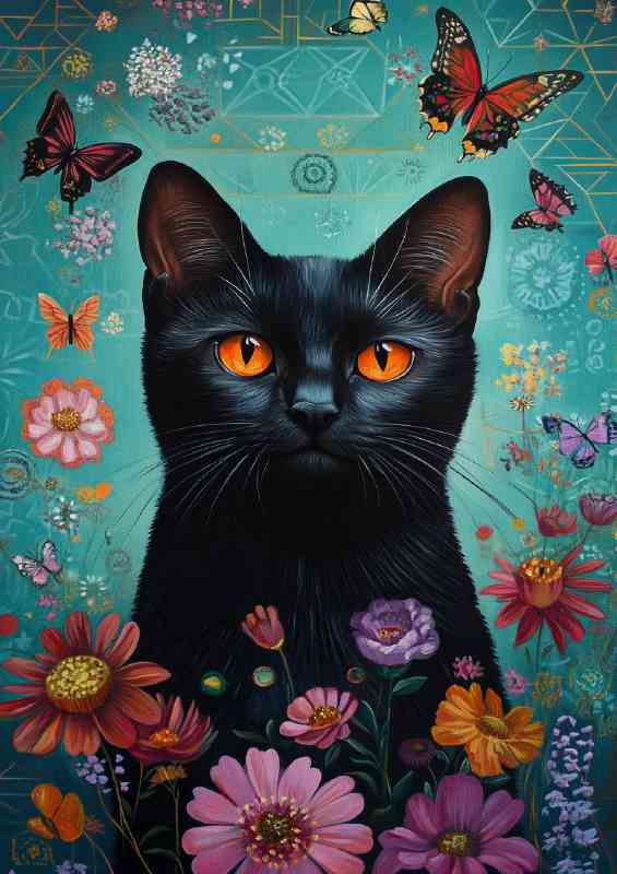 Colourful black cat and butterflies flying | Canvas