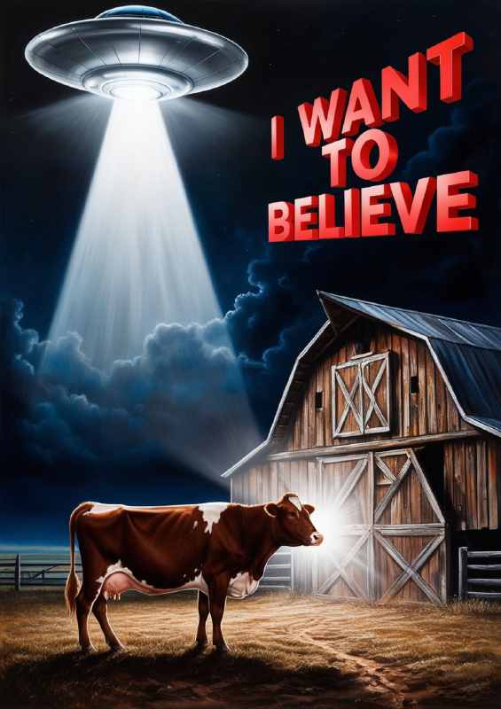 Cow and the ufo at night | Metal Poster