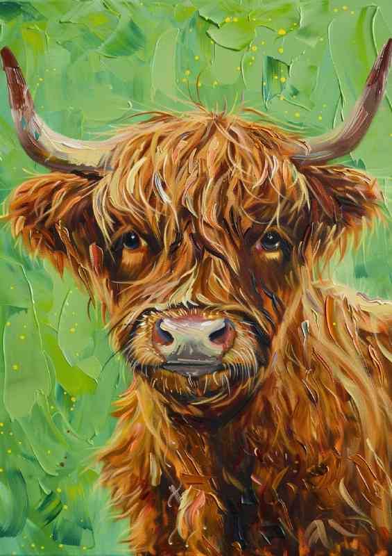 Crazy cow in a oil painting style green grass | Metal Poster