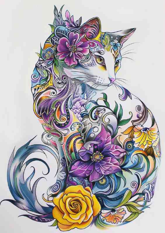 Detailed cat in tatto form with flowers | Di-Bond