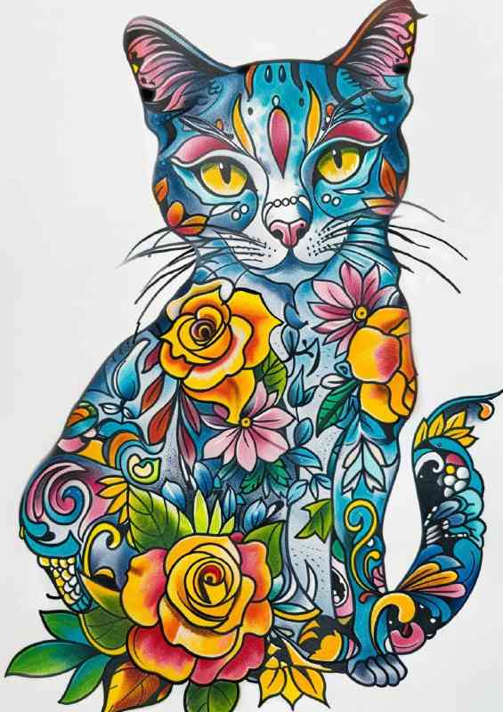 Floral coloured tattoo cat | Metal Poster