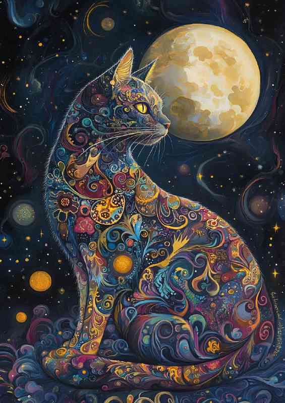 Full bodt cat night moon with swirls | Poster
