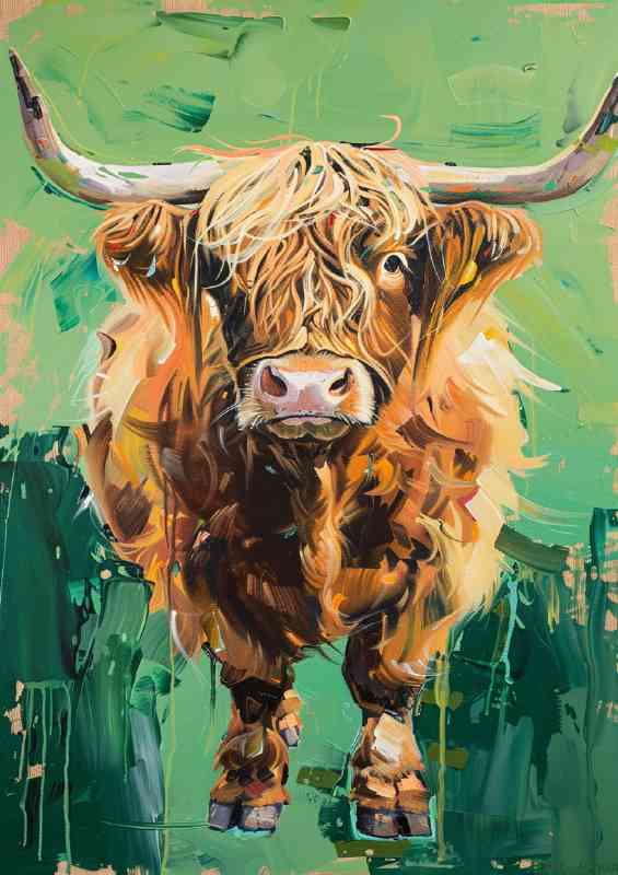 Highland cute cow oil painting style green grass | Poster