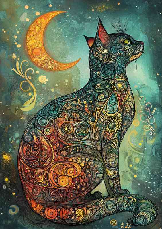 Inked cat colourful with moon | Poster
