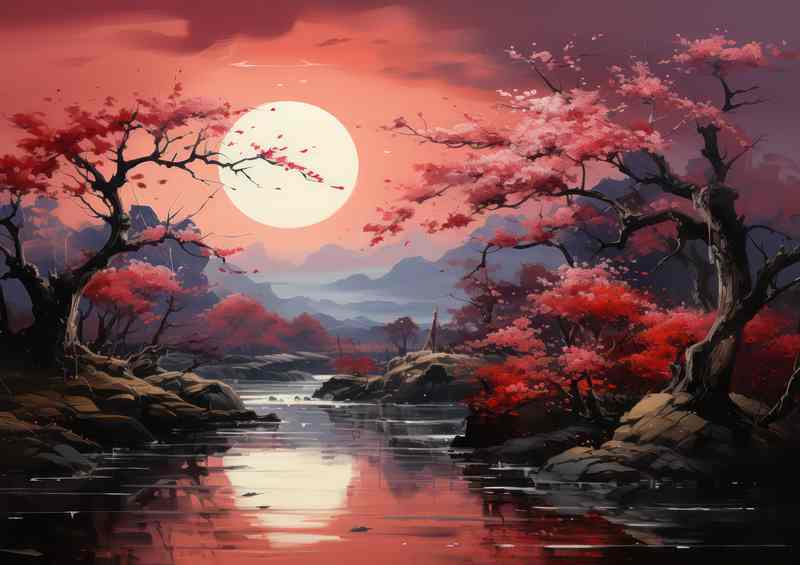 Cherry Blossom Reflections Japanese Lakes and Rivers - Metal Poster