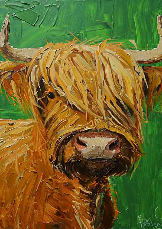 Oil painting style cow green background | Poster