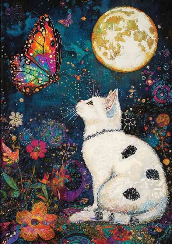 The white cat moon and butterfly | Metal Poster