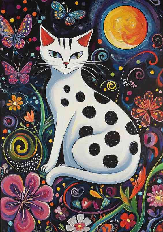 The white spotted cat with swirls and full moon | Di-Bond