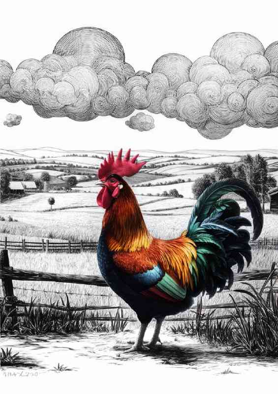 Vividly colored rooster standing | Metal Poster