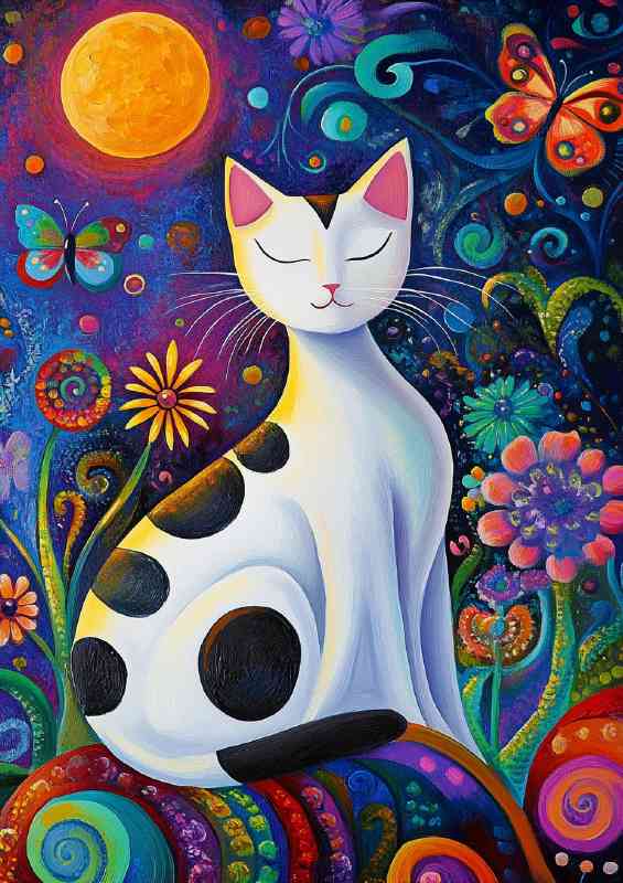 WHite cat with spots and flowers | Canvas
