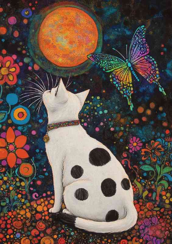 White cat black spots flowers | Canvas