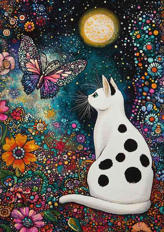 White cat black spots gazing into the night sky | Canvas