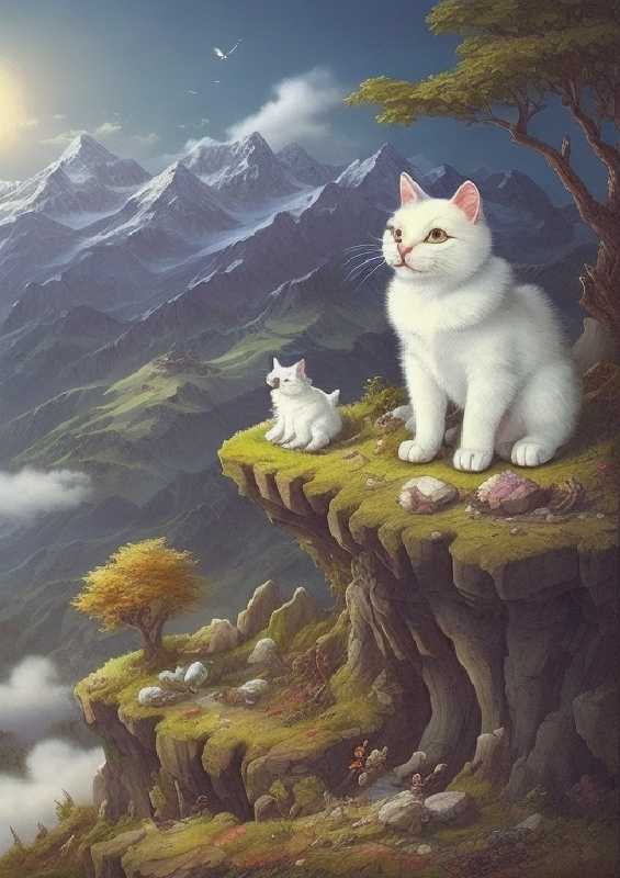White cat looking over the mountains | Di-Bond