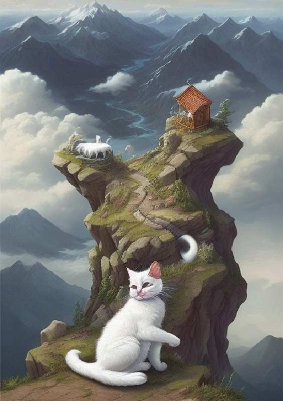 White cute cat on clouds looking at mountains | Metal Poster